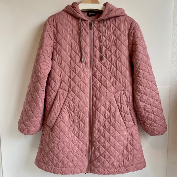Bernardo Jackets & Blazers - Womens A-line Diamond Quilt Jacket Size XS Pink Long Puff Hood Feminine Coquette